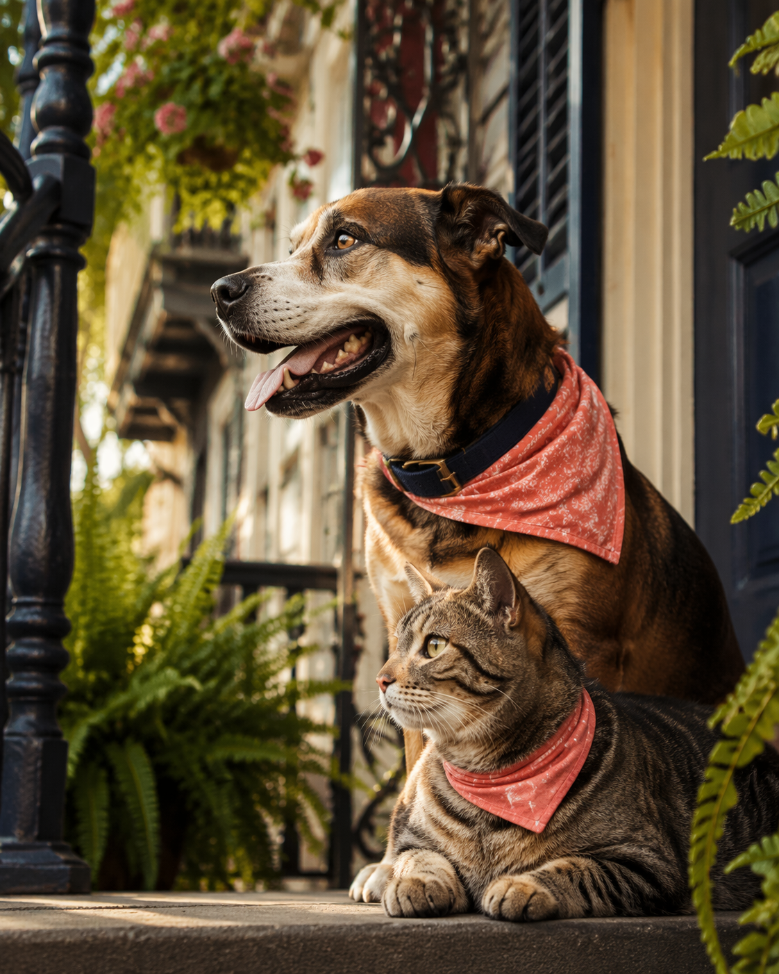 A rescued dog and cat together on a New Orleans porch